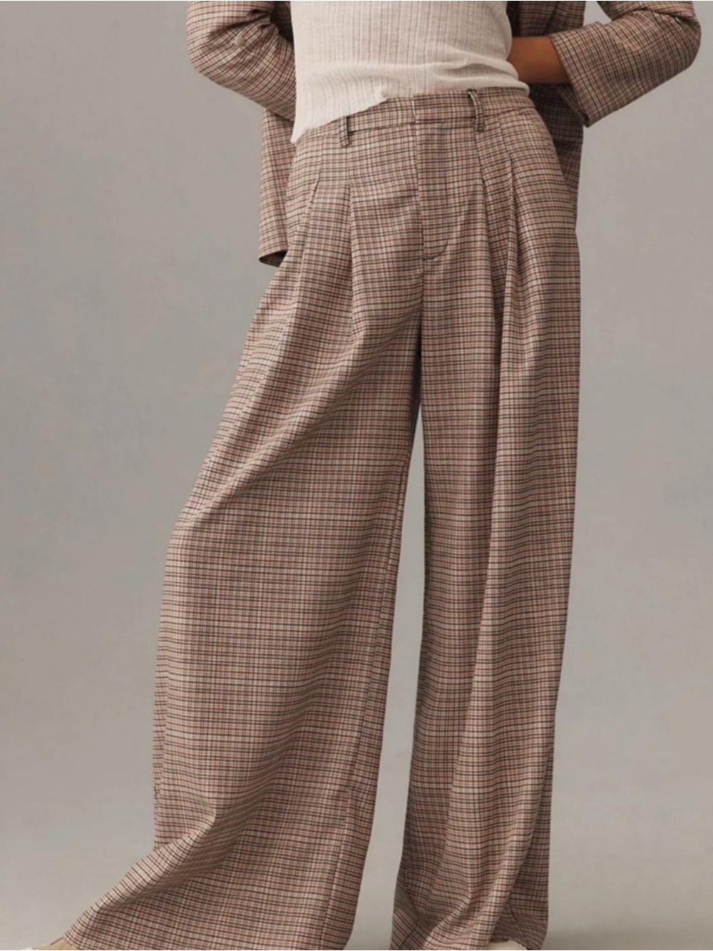 Anthropologie Maeve Avery Plaid Wide Leg Trousers Brown 4P Petite